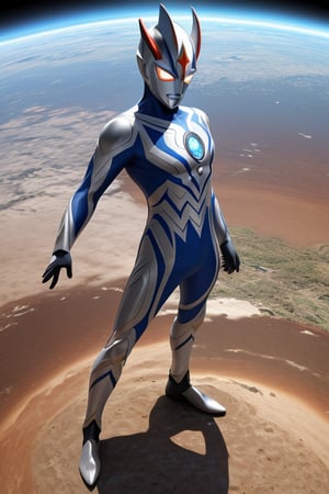 masterpiece,4K,best quality,(ultraman),(360 degrees photo to tiny planet),from above,detailed eyes,360picture,(little planet),concept art,standing on the planet,(appearance pose),(hold one hand high),clenched hand,round planet,(ultraman focus),male,