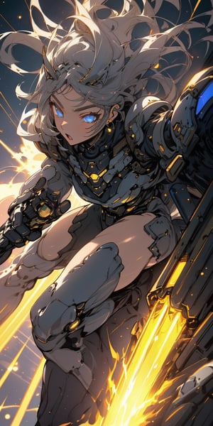 armor full power,(extremely detailed eyes: 1.4),(thigh shot: 1.2),tech,imperial,perfect hands,detailed fingers,intricate details,extremely excellent composition,visual appeal,beautiful detailed glow,sparkling,metal reflective,glowing,(dynamic pose: 1.4),perfect body,future technology beam weapon,beam weapon,universe,levitating laser cannon,blue theme,starry sky,