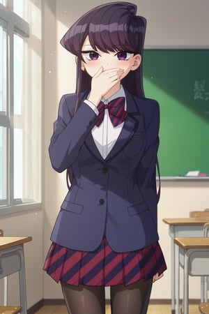 score_9, score_8_up, score_7_up, source_anime,(detailed eyes),komi shouko\,shouko komi\komi can't communicate\,1girl,cowboy shot,long hair,bangs,black hair,purple eyes,striped bow tie,dark blue blazer,white shirt,long sleeves,pleated skirt,black pantyhose,blush,covering mouth,red and black striped bow tie,red and black striped pleated skirt,thighband pantyhose,miniskirt,(holding a notebook with text as "10K" text),school classroom,window,