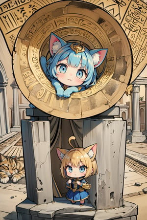 (detail processing: 1.2),egypt theme background,egyptian characteristics,egypt,desert,worn stone pedestal amidst ancient temple ruins,ancient temple ruins,blue and gold hieroglyphics,tuya,anime chibi style,chibi,master's masterpiece,high resolution,absurdres,clear,excellent composition,cats,cutes,(multiple cats: 1.2),detailed filling,loli