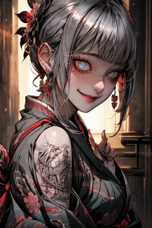 smile,Yandere,A striking artwork featuring two elegant figures adorned in vibrant, traditional Japanese kimonos. One figure has long, dark hair with a red flower accessory, while the other has shorter silver hair. Both are characterized by detailed tattoos and ornate jewelry, including large earrings. Their expressions convey a sense of intimacy and mystery, set against a backdrop of colorful floral patterns and soft, ethereal lighting that enhance the overall aesthetic. (make up,detailed eyes,beautiful female fingers,Japanese style garden,architecture,dreamy atmosphere),