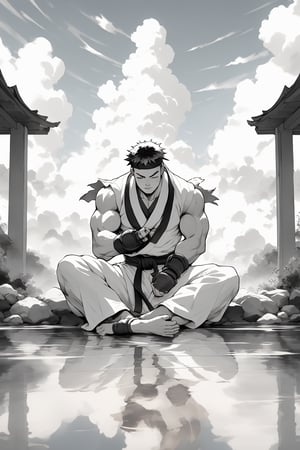 masterpiece,4K,best quality,ryu \(street fighter\),(full shot,black hair,short hair),red headband,white dougi,sleeveless,(torn clothes),white dojo pants,martial arts belt,red black fingerless gloves,barefoot,muscular,water surface,reflection,sky,sitting,crossed legs,(meditation,far away shot,closed eyes),sumi-e,monochrome,greyscale,ink art,sumi-e,