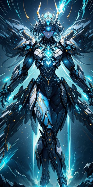 armor full power,(extremely detailed eyes: 1.4),(thigh shot: 1.2),tech,imperial,perfect hands,detailed fingers,intricate details,extremely excellent composition,visual appeal,beautiful detailed glow,sparkling,metal reflective,glowing,(dynamic pose: 1.4),perfect body,future technology beam weapon,beam weapon,universe,levitating laser cannon,blue theme,starry sky,