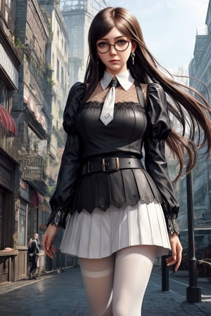 4K,masterpiece,best quality,1girl,(thigh-level perspective),(((accord \(drakengard 3\)))),standing,large breasts,black hair,long hair,low twintails,(blunt bangs),extremely detailed face,extremely detailed eyes,((glasses (round frame))),earrings,white collarless shirt,white detached collar,black ladies tie,long sleeves,juliet sleeves,(cufflinks),black gloves,belt,black flared skirt(short skirt),(white pantyhose),holding,book,holding book,open book,architecture,one arm behind back,