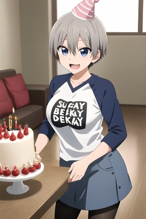 Hana Uzaki\,Uzaki Hana\,Uzaki-chan Wants to Hang Out\,1girl,large breasts,short hair,blue eyes,bangs,skin fang,grey hair,hair between eyes,t-shirt,raglan sleeves,t-shirt text("SUGOI DEKAI"),romaji text,clothes writing,long sleeves,denim skirt(short skirt),black pantyhose,fang,standing,birthday cake,living room,table,party hat,8k Ultra HD,detail processing,