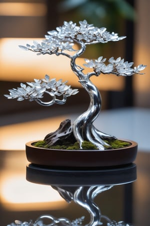 bonsai,branches and trunks made of glass,leaves made of silver(metal),transparent branches and trunks,metallic feel,metal reflective,silver,metal,silver metal,aethetic,8k Ultra HD,masterpiece,product view,specialty store,bokeh,