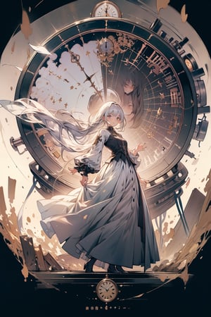 (personification,clock),Personification of clock,masterpiece,absurdres,original,dreamy background,visual appeal,excellent composition,wide shot,metallic feel,metal reflective,full body shot,levitate,,