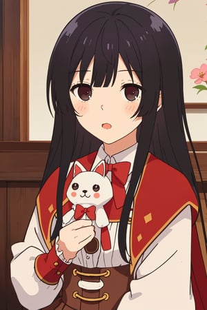 score_9, score_8_up, score_7_up, source_anime, (masterpiece,best quality,cute and adorable,kawaii),yumielladolkness,black hair,very long hair,black eyes,red cape,brown pleated skirt,red corset lace-up skirt,chibi,holding a cute rabbit stuffed doll,dreamy background,flowers,