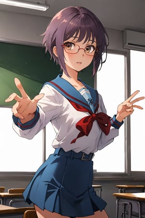 score_9, score_8_up, score_7_up, source_anime,best quality,nagato yuki\,(detailed eyes),(visual appeal),cowboy shot,short hair,bangs,purple hair,glasses,brown eyes,blue sailor collar,white serafuku,red ribbon,blue skirt,kita high school uniform,school classroom,standing,dynamic pose,alien,