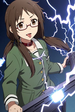 1girl,solo,parted bangs,brown hair,long hair,messy hair,brown eyes,green stand collar jacket,low twintails,Stand collar,glasses,tongue,tongue out,parody,(electricity: 1.2),Yozakura Quartet\,Kotoha Isone\,