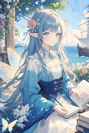 1 girl,(gouache watercolor art,fairy tale illustrations),((ultra highly detailed)),(detailed filling,intricate image),(stunning image,complex background),scenery,butterflies,flowers,frilled dress,hair flower,architecture,glowing,jewelry,elf,little fairy,whale,ship,tree,(fantasy,dreamlike),(detailed eyes),(beautiful,aesthetic),books,open book,sky,ocean,(masterpiece,best quality),(excellent composition,visual appeal),