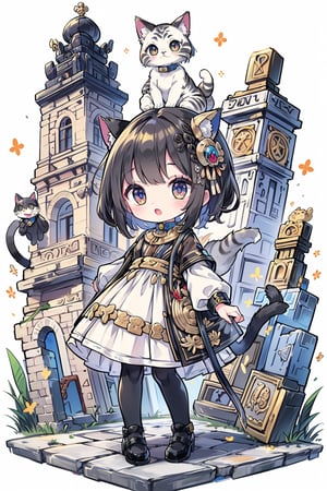 (detail processing: 1.2),egypt theme background,egyptian characteristics,egypt,desert,worn stone pedestal amidst ancient temple ruins,ancient temple ruins,blue and gold hieroglyphics,tuya,anime chibi style,chibi,master's masterpiece,high resolution,absurdres,clear,excellent composition,cats,cutes,(multiple cats: 1.2),detailed filling,