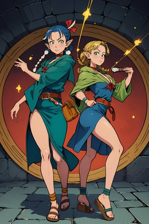 (masterpiece,excellent composition),4K,best quality,1girl,dungeon,marcille donato\donato marcille\(delicious in dungeon\),pointy ears,blonde hair,parted bangs,hair ribbon,green eyes,red choker,light blue capelet,ribbon,(dark blue dress,long dress),long sleeves,brown belt,belt pouch,sandals,(french braid twin braids),((visual appeal,art style by Mitsutoshi Shimabukuro + Eiichiro Oda + Ryoko Kui)),dynamic angle,dynamic pose,