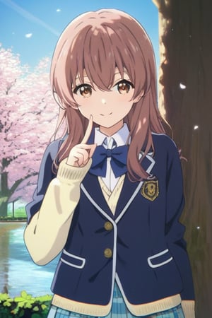 score_9, score_8_up, score_7_up, source_anime,(detailed eyes),nishimiya shouko\,shouko nishimiya\a silent voice\,1girl,cowboy shot,long hair,bangs,hair between eyes,brown hair,brown eyes,blue bowtie,school uniform,(dark blue blazer),yellow cardigan,white shirt,long sleeves,pleated skirt,blue and white plaid pleated skirt,smile,tree,flower,thank you sign language,hand up,(fingers together and straightened,raise left hand horizontally,raise right hand vertically),