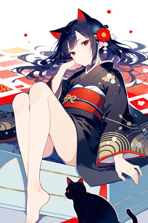 score_9,score_8_up,score_7_up, ,masterpiece,best quality,(shota),delicate and charming,detailed eyes,red eye,long hair,wide sleeves,cloud patterns,black kimono with red accents,obi belt,barefoot,lying on her side,curled up pose,(lying in a box),sagawa,black cat ears,black hair,flower,