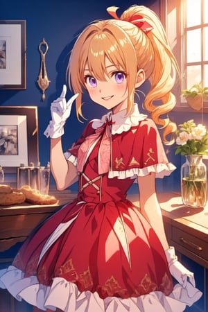 biscuit krueger\krueger biscuit\hunter x hunter\,cowboy shot,1girl,(masterpiece,4k,best quality),pixiv,detailed eyes,tiny girl,hair between eyes,ahoge,biskywz,blonde hair,bangs,ponytail,long hair,drill hair,hair ribbon,red and pink dress,(frilled dress),(red capelet),(white gloves),purple eyes,bedroom,smile,elegant posture,