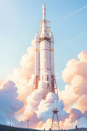 masterpiece,4K,best quality,metal tower,rocket takes off,smoke,(people looking up from a distance),