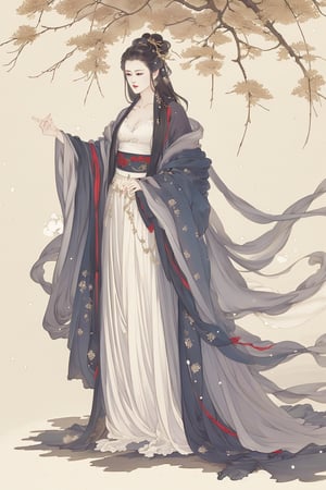 ((4k,masterpiece,best quality)),white,traditional chinese ink painting,1girl,((full body)),very long hair,hanfu,maxiskit,cleavage,((chiffon)),original,visual appeal,elegant posture,scenery,((snow scene)),(((detailed filling))),