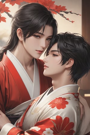 beautiful female fingers,finger length,masterpiece,visual appeal,4K,best quality,realistic,(yaoi,two people),short hair,sharp eyes,(detailed eyes),(upper body),beautiful,kimono,1 lying down,(1young boy),black hair,blond,(1mature man),indoors,groping,bare chest,