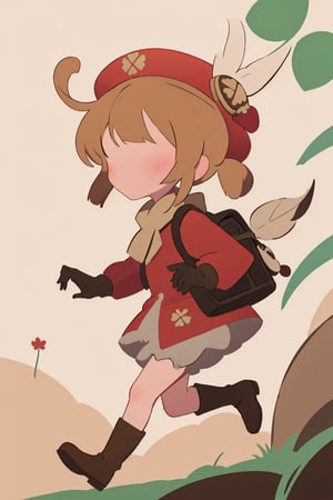 (anime minimalist),klee_genshin,masterpiece,little girl,brown scarf,clover print,hat feather,long sleeves,red coat,dress,bloomers,brown gloves,brown boots,randoseru,pocket,bag charm,from side,running,no facial features,klee running method,