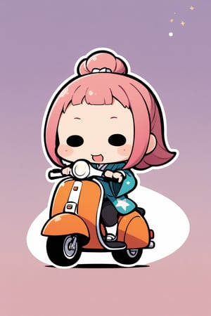 The road is many little stars,stars,road,1girl,(solid circle eyes: 1.5),(chibi: 1.4),kimono,extremely excellent composition,visual appeal,contour,funny face,huge head,cute,kawaii,motor vehicle,Kimono girl riding a scooter,purple gradient background,