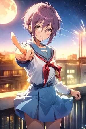 score_9, score_8_up, score_7_up, source_anime,best quality,nagato yuki\,(detailed eyes),(visual appeal),cowboy shot,short hair,bangs,purple hair,glasses,brown eyes,blue sailor collar,white serafuku,red ribbon,blue skirt,kita high school uniform,(dark school roof),moon,standing,beautiful female fingers,finger length,pointing outstretched hand,(Index finger glows),alien,