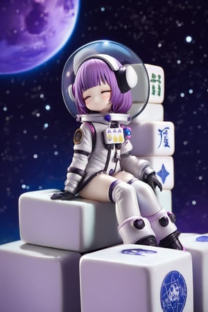 (1girl,little girl,girl focus),full body,kawaii,astronauts,(((one mahjong))),((giant mahjong)),(sits on a giant mahjong tile),starry sky background,masterpiece,4K,best quality,fantasy,concept,(detailed eyes),meticulous,detail processing,((PVC Style)),space suit,spacesuit helmet,purple hair,purple eyes,(half closed eyes),