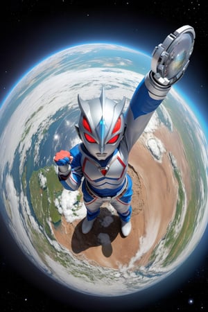 masterpiece,4K,best quality,(ultraman),(ultraman focus),(360 degrees photo to tiny planet),((from above)),360picture,((little planet)),concept art,(standing on the planet),dynamic pose,(make a fist),(round planet),((universe background)),star,holding a planet,((tiny planet)),red gloves,highly,space,(left hand raised high),right hand on waist,