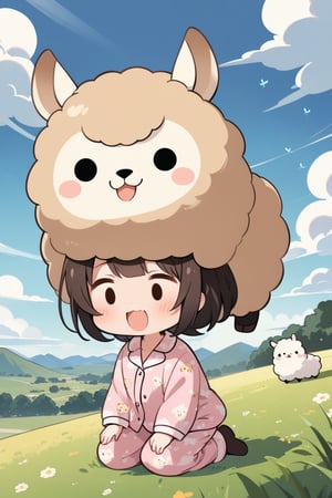 1girl,(solid circle eyes: 1.5),(chibi: 1.4),pajamas,extremely excellent composition,visual appeal,contour,funny face,huge head,cute,kawaii,alpaca,pajamas girl riding a alpaca,grassland,cloud,dragonflies,