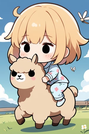 1girl,(solid circle eyes: 1.5),(chibi: 1.4),pajamas,extremely excellent composition,visual appeal,contour,funny face,huge head,cute,kawaii,alpaca,pajamas girl riding an alpaca,grassland,cloud,dragonflies,running,running alpaca,