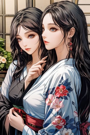 Anitoon2,A striking artwork featuring two elegant figures adorned in vibrant, traditional Japanese kimonos. One figure has long, dark hair with a red flower accessory, while the other has shorter silver hair. Both are characterized by detailed tattoos and ornate jewelry, including large earrings. Their expressions convey a sense of intimacy and mystery, set against a backdrop of colorful floral patterns and soft, ethereal lighting that enhance the overall aesthetic. (make up,detailed eyes,beautiful female fingers,Japanese style garden,architecture,dreamy atmosphere),