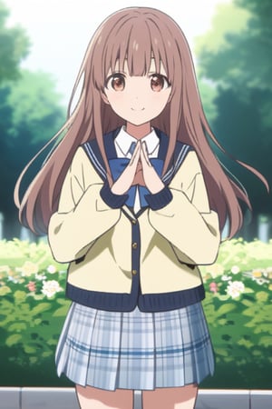 score_9, score_8_up, score_7_up, source_anime,(detailed eyes),nishimiya shouko\,shouko nishimiya\a silent voice\,1girl,cowboy shot,long hair,bangs,hair between eyes,brown hair,brown eyes,blue bowtie,school uniform,(dark blue blazer),yellow cardigan,white shirt,long sleeves,pleated skirt,blue and white plaid pleated skirt,smile,tree,flower,thank you sign language,hand up,(fingers together and straightened,raise left hand horizontally,raise right hand vertically),