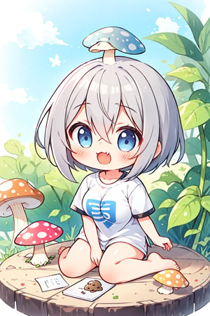 1girl,Magical POP Illustration,chibi,large breasts,short hair,blue eyes,bangs,skin fang,grey hair,hair between eyes,wide t-shirt,boyfriend style,short sleeves,barefoot,only wear t-shirt,white t-shirt,too big clothes,loose,no pants,much bigger clothes,(mini girl:1.3),wariza,Life-sized mushroom,sitting on mushroom,cute,kawaii,chibi style,huge head,