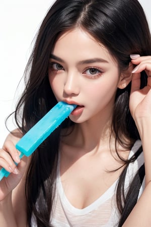 1girl,side to left,licking a dripping popsicle,right hand up,adjusting hair,stick out tongue,left hand hold popsicle,highres,1 girl 