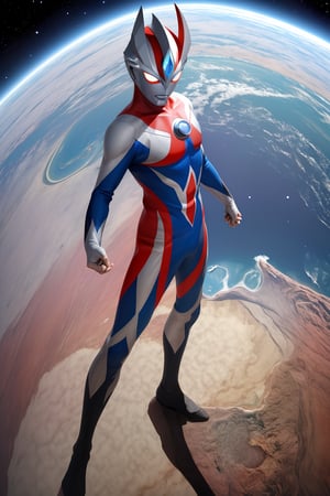 masterpiece,4K,best quality,(ultraman),(ultraman focus),(360 degrees photo to tiny planet),from above,360picture,(little planet),concept art,(standing on the planet),pose,(((hold one hand high))),(make a fist),(round planet),(universe),star,holding a planet,tiny planet,