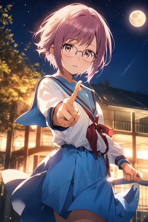 score_9, score_8_up, score_7_up, source_anime,best quality,nagato yuki\,(detailed eyes),(visual appeal),cowboy shot,short hair,bangs,purple hair,glasses,brown eyes,blue sailor collar,white serafuku,red ribbon,blue skirt,kita high school uniform,school roof,moon,standing,pointing outstretched hand,Index finger glows,alien,