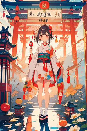 megami,Japanese goddess,((loli)),flowers,full body,(vignette illustration),guochao,piggy mosquito repellent,kendama,