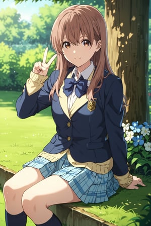 score_9, score_8_up, score_7_up, source_anime,(detailed eyes),nishimiya shouko\,shouko nishimiya\a silent voice\,1girl,cowboy shot,long hair,bangs,hair between eyes,brown hair,sitting,(wariza),brown eyes,blue bowtie,school uniform,(dark blue blazer),yellow cardigan,white shirt,long sleeves,pleated skirt,blue and white plaid pleated skirt,dark blue socks,brown loafers,smile,tree,flower,grass,V-sign,peace sign,