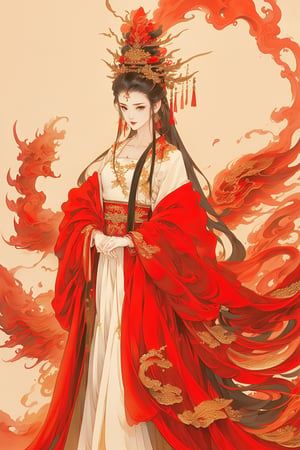 ((4K,masterpiece,best quality)),traditional chinese ink painting,hanfu,Chinese bride wedding dress,phoenix crown,red theme,(base color: red),