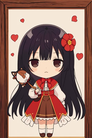 score_9, score_8_up, score_7_up, source_anime, (masterpiece,best quality,chibi,cute and adorable,kawaii),yumielladolkness,black hair,very long hair,black eyes,red cape,brown pleated skirt,red corset lace-up skirt,(holding cute animal stuffed doll),(dreamy background),flowers,