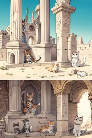 (detail processing: 1.2),egypt theme background,egyptian characteristics,egypt,desert,worn stone pedestal amidst ancient temple ruins,ancient temple ruins,blue and gold hieroglyphics,tuya,anime chibi style,chibi,master's masterpiece,high resolution,absurdres,clear,excellent composition,cats,cutes,(multiple cats: 1.2),detailed filling,