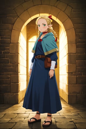 (masterpiece),4K,best quality,1girl,full shot,dungeon,marcille donato\donato marcille\(delicious in dungeon\),pointy ears,blonde hair,parted bangs,hair ribbon,green eyes,red choker,light blue capelet,ribbon,(dark blue dress,long dress),long sleeves,brown belt,belt pouch,sandals,(french braid twin braids,((visual appeal)),art style by Mitsutoshi Shimabukuro + Eiichiro Oda,