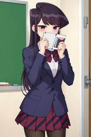 score_9, score_8_up, score_7_up, source_anime,(detailed eyes),komi shouko\,shouko komi\komi can't communicate\,cowboy shot,1girl,((with girl two hands holding notebook)),(with the notebook with text as "thank you"),(A4 size notebook),(open notebook),(show notebook),(notebook covering mouth),two hands up,english text,long hair,bangs,black hair,purple eyes,striped bow tie,dark blue blazer,white shirt,long sleeves,pleated skirt,black pantyhose,blush,red and black striped bow tie,red and black striped pleated skirt,thighband pantyhose,miniskirt,style_brush,