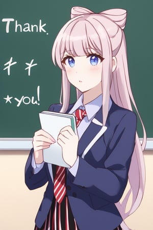 score_9, score_8_up, score_7_up, source_anime,(detailed eyes),Shouko Komi,1girl,(holding notebook),(notebook with text as "thank you"),(open notebook),(show notebook),(hands up),english text,long hair,bangs,black hair,purple eyes,blazer,blush,red and black striped bow tie,red and black striped pleated skirt,thighband pantyhose,style_brush,(notebook focus),(eyes highlights),blackboard,