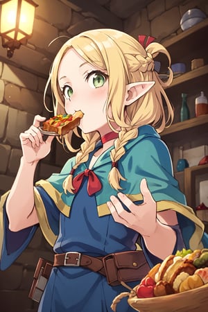 (masterpiece,excellent composition),4K,best quality,(far away shot),1girl,dungeon,marcille donato\donato marcille\(delicious in dungeon\),pointy ears,blonde hair,parted bangs,hair ribbon,green eyes,red choker,light blue capelet,ribbon,(dark blue dress,long dress),long sleeves,brown belt,belt pouch,sandals,(french braid twin braids),((visual appeal,art style by Mitsutoshi Shimabukuro + Ryoko Kui)),dynamic angle,dynamic pose,(eating,sumptuous food),