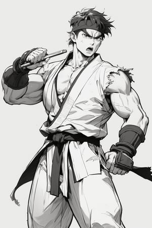 masterpiece,4K,best quality,ryu \(street fighter\),(cowboy shot,black hair,short hair,detailed face,detailed eyes),black headband,white dougi,sleeveless,(torn clothes),white dojo pants,black martial arts belt,black fingerless gloves,barefoot,muscular,(35 years old),standing,fighting stance,dynamic angle,dynamic pose,(pencil sketch,monochrome),greyscale,simple background,intense face,angry,open mouth,(sketchbook,pencil),