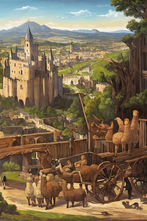 oil painting,parallel world,(giant wood alpaca:1.2),similar to trojan horse,wheel,Made of wood,city ​​wall,helen of troy,by Delacroix,detail processing,army,castle,castle wall,castle gate,