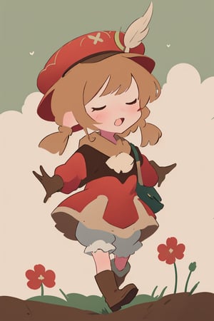 (anime minimalist),klee_genshin,masterpiece,little girl,brown scarf,clover print,hat feather,long sleeves,red coat,dress,bloomers,brown gloves,brown boots,randoseru,pocket,bag charm,from side,running,no facial features,open arms,