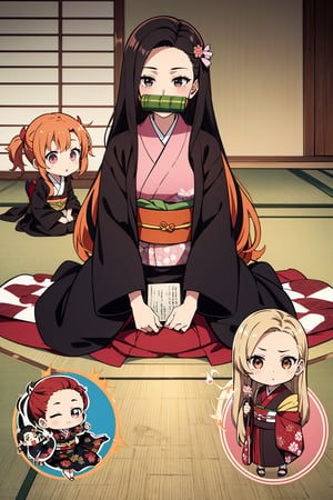 1girl,(solid circle eyes: 1.4),nezuko kamado, bamboo,(chibi: 1.4), bit gag, black hair, forehead, gag, gagged, hair ribbon, long hair, multicolored hair, orange hair, wavy hair, two-tone hair, asa no ha (pattern), checkered sash, haori, japanese clothes, kimono, long sleeves, obi, pink kimono, sash, wide sleeves, extremely excellent composition,visual appeal,contour,Japanese style architecture,funny face,