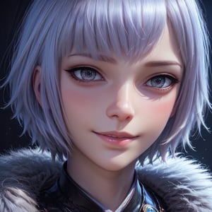 (score_9,score_8_up,score_7_up), ,(close up shot of face),(white hair),solo,best quality,delicate face,detailed facial features,detailed eyes,a bit cute,beautiful,gray eyes,short hair,blush,smile,TY,BYK,